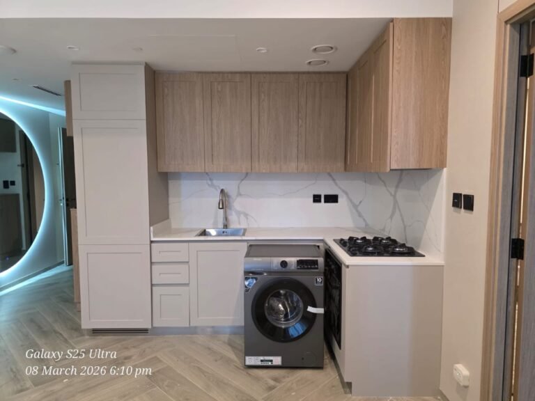 Wood-grain and beige wrapped kitchen – Floor Woods Dubai
