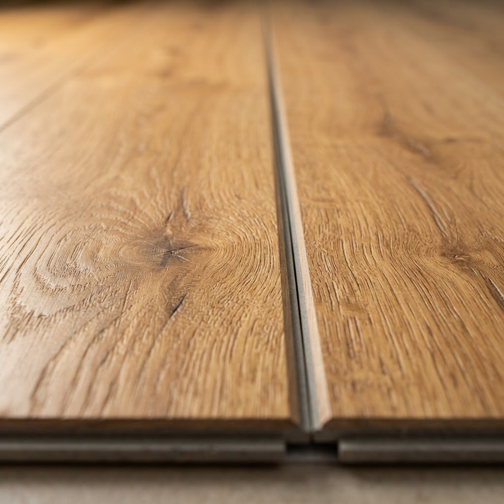 Premium SPC stone polymer composite flooring close-up showing realistic warm oak wood grain texture — Floor Woods Dubai