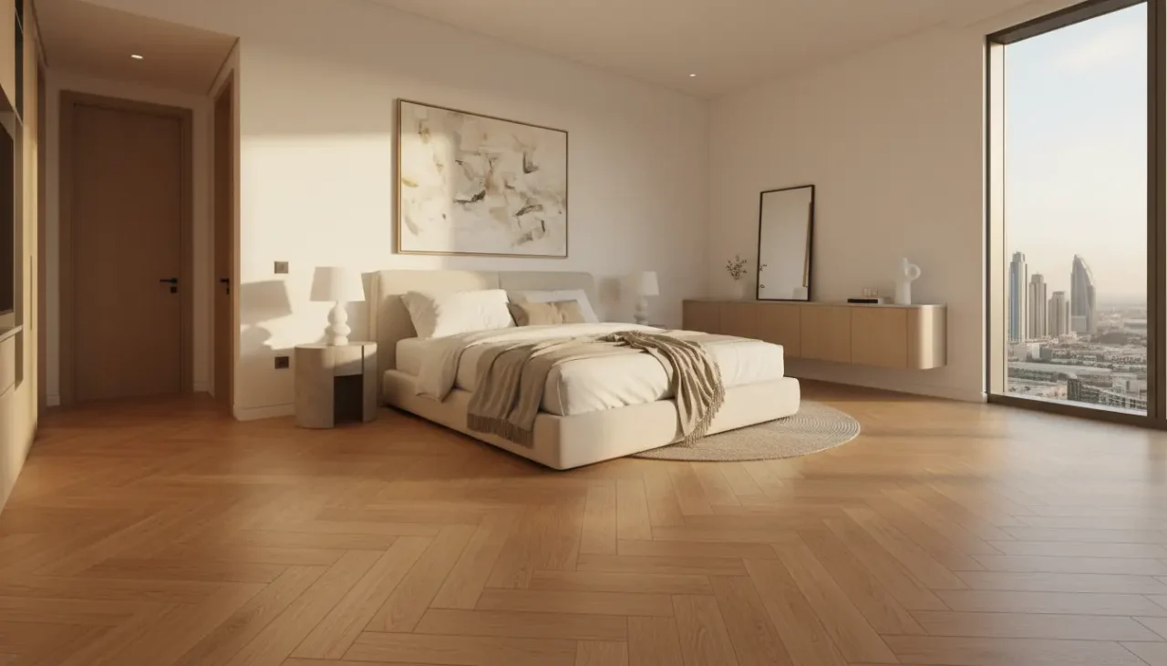 Elegant herringbone wood flooring in a luxury Dubai apartment