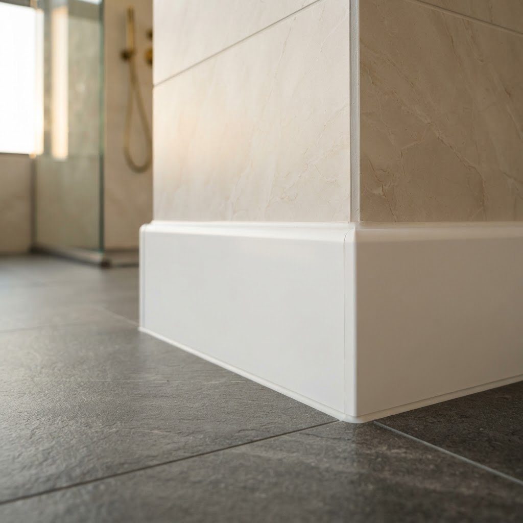 Premium white PVC waterproof skirting board close-up in a bathroom – Floor Woods