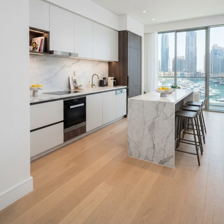 Modern kitchen with contemporary PVC skirting in Dubai Marina – Floor Woods