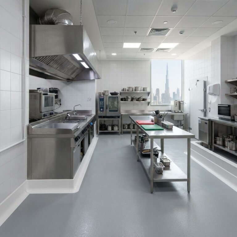 Commercial kitchen with PVC skirting in Downtown Dubai – Floor Woods