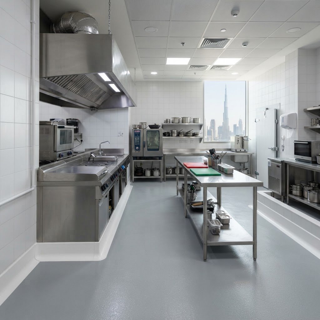 Commercial kitchen with PVC skirting in Downtown Dubai – Floor Woods