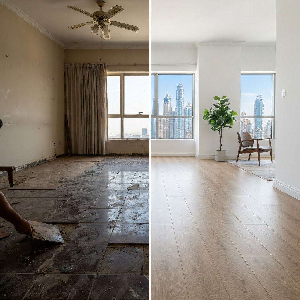 Before SPC flooring installation - old damaged floor in a Dubai apartment – Floor Woods