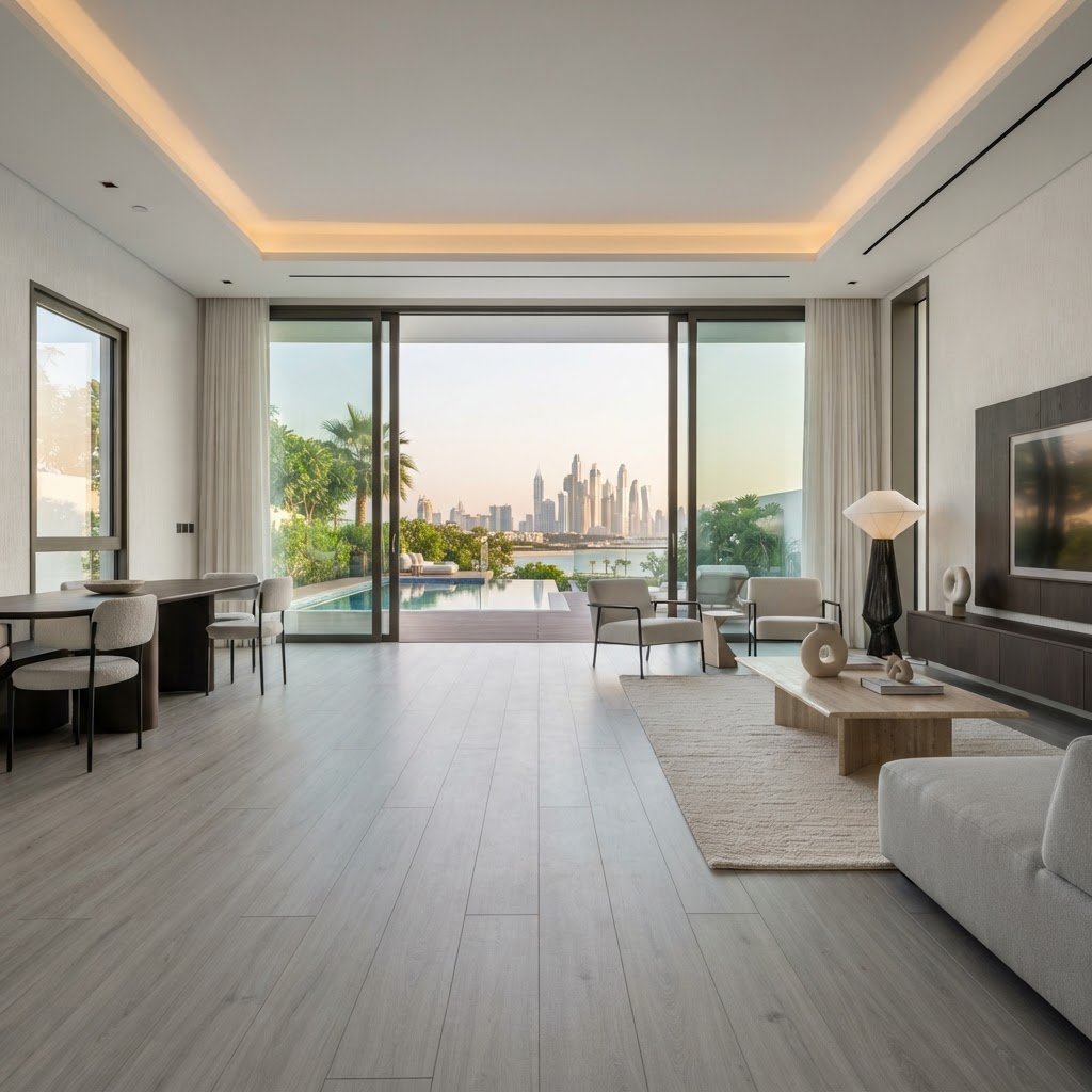 Premium SPC flooring installed in a luxury Dubai villa living room – Floor Woods