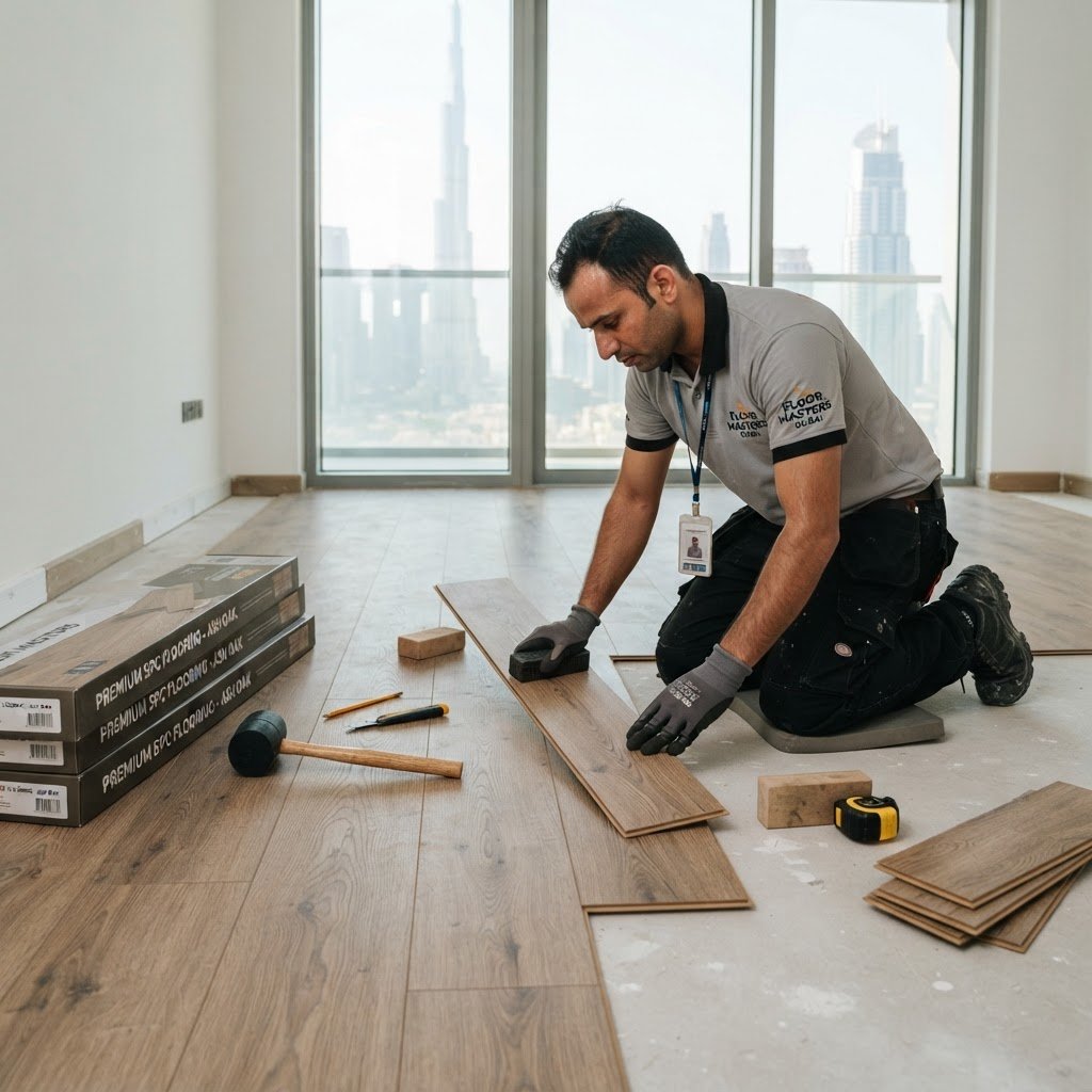 Professional SPC flooring installation team at work in Dubai – Floor Woods